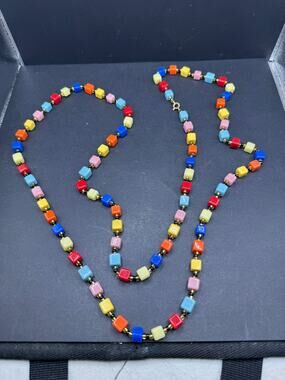 VTG CZECH Art Deco Cube Shape Art Glass Multicolor Beaded Necklace